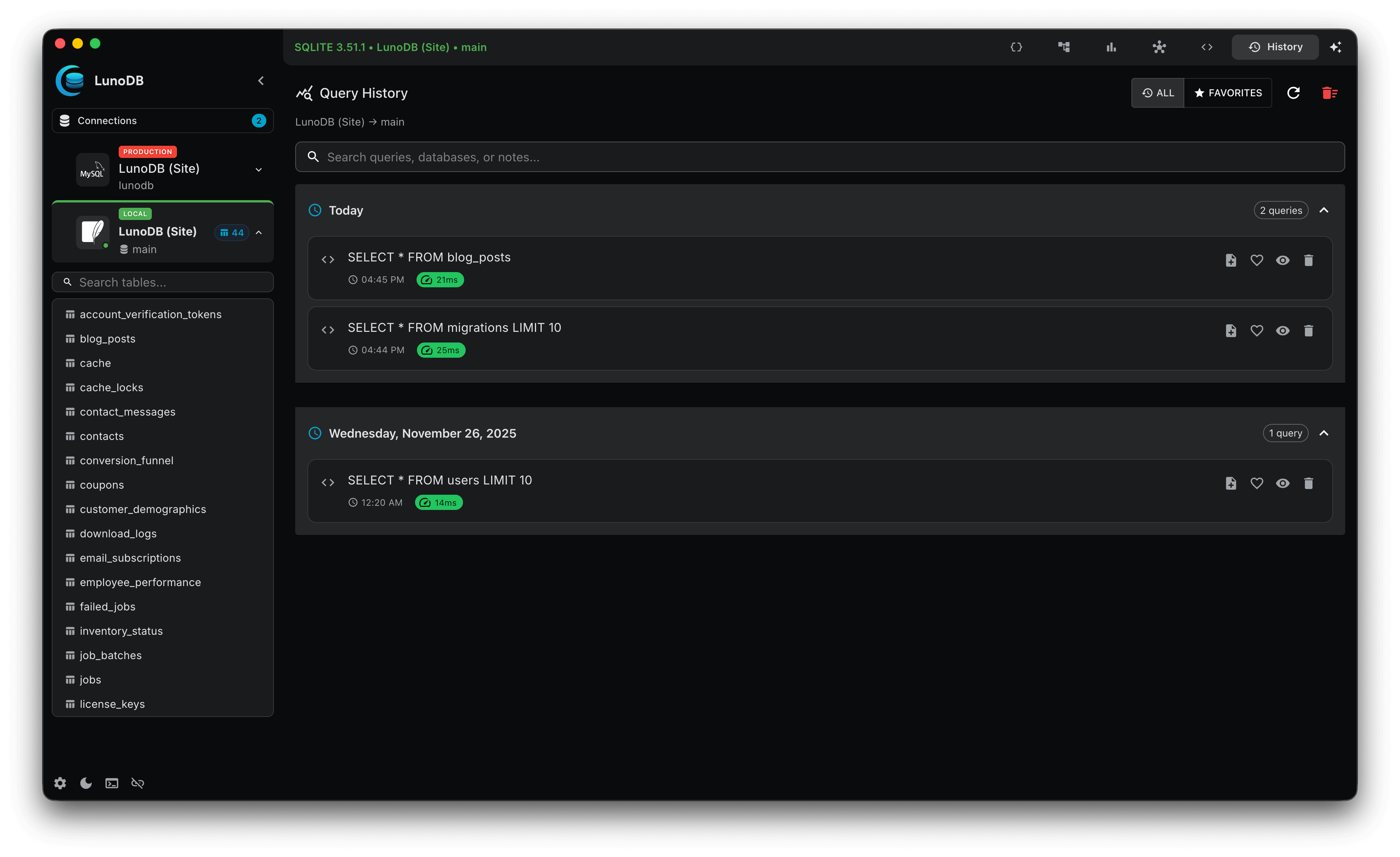 Query History — dark theme